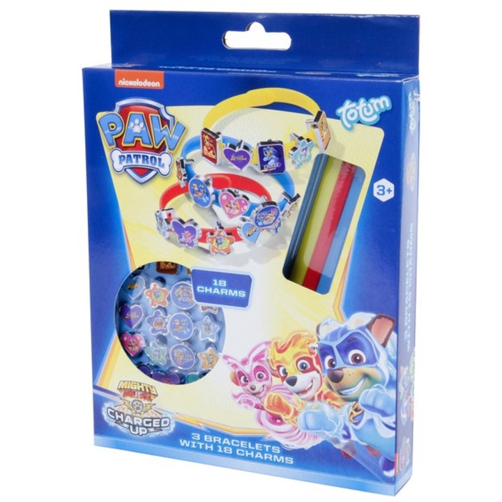 Set creativ Totum, bratari reglabile 3 buc, 18 decoratiuni Paw Patrol, multicolor, pentru 5 ani
