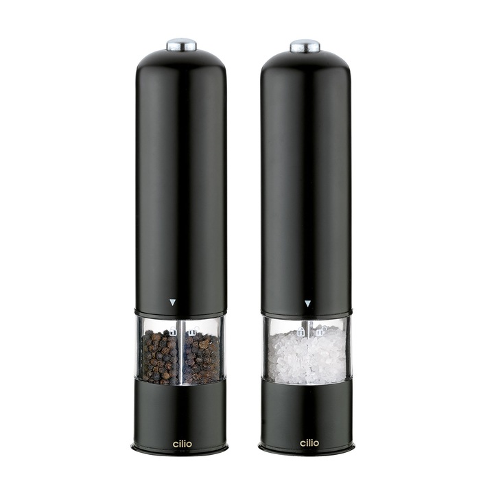 Set de 2 rasnite electrice pentru sare si piper, Cilio, inox, 5x23cm, negru