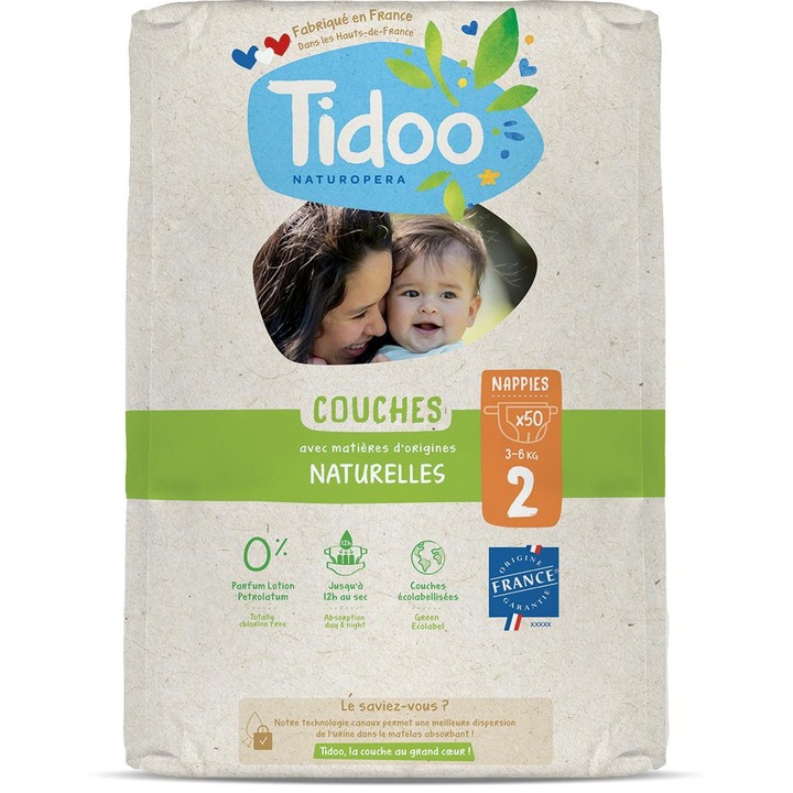 Scutece T2, 3-6kg, ECO hipoalergenice, nou nascuti, marimea 2 Tidoo, 50buc