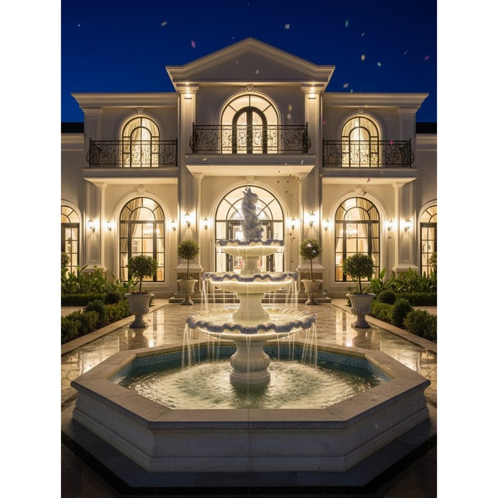 Fantana arteziana Baiat cu peste cu Trei Niveluri, de gradina / exterior / interior / terasa / restaurant, Fantana Premium de calitate europeana, din piatra artificiala, alba, 130 x 50 x 186 (H), accesorii incluse, rezistenta la inghet / UV, fara iaz