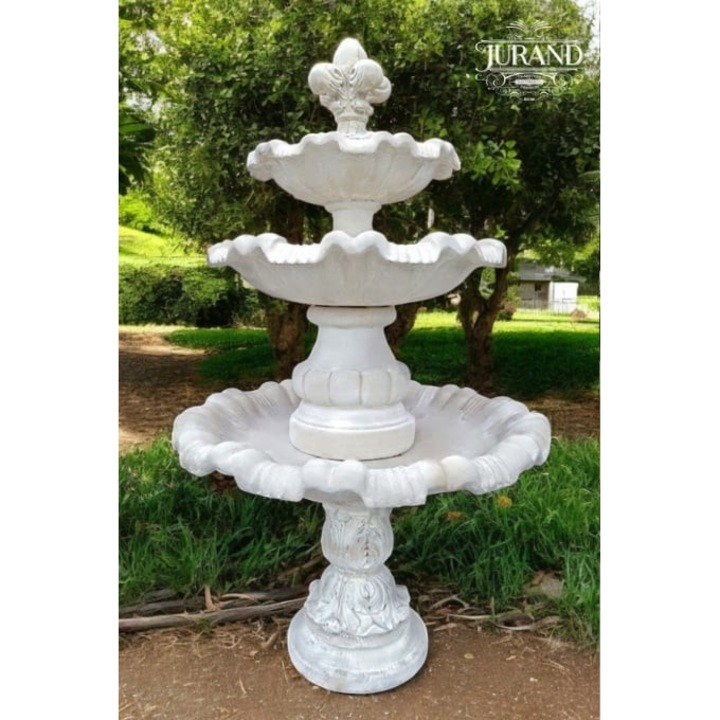 Fantana arteziana cu Trei Niveluri cu Crin, de gradina / exterior / terasa / restaurant, Fantana Premium, calitate europeana, din piatra artificiala patentata, culoare alba, 52 x 130 x 209 cm (H), accesorii incluse, rezistenta la inghet / UV, recirculare