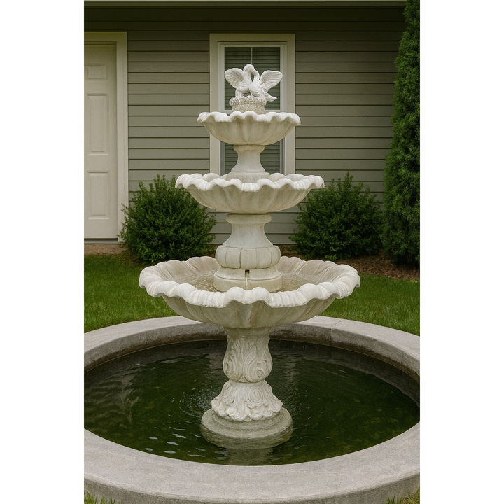 Fantana arteziana cu Porumbei cu Trei Niveluri, de gradina / exterior / terasa / restaurant, Fantana Premium cu Precomanda, din piatra artificiala, culoare alba, 52 x 130 x 205 cm (H), accesorii incluse, rezistenta la inghet / UV, sistem recirculare apa