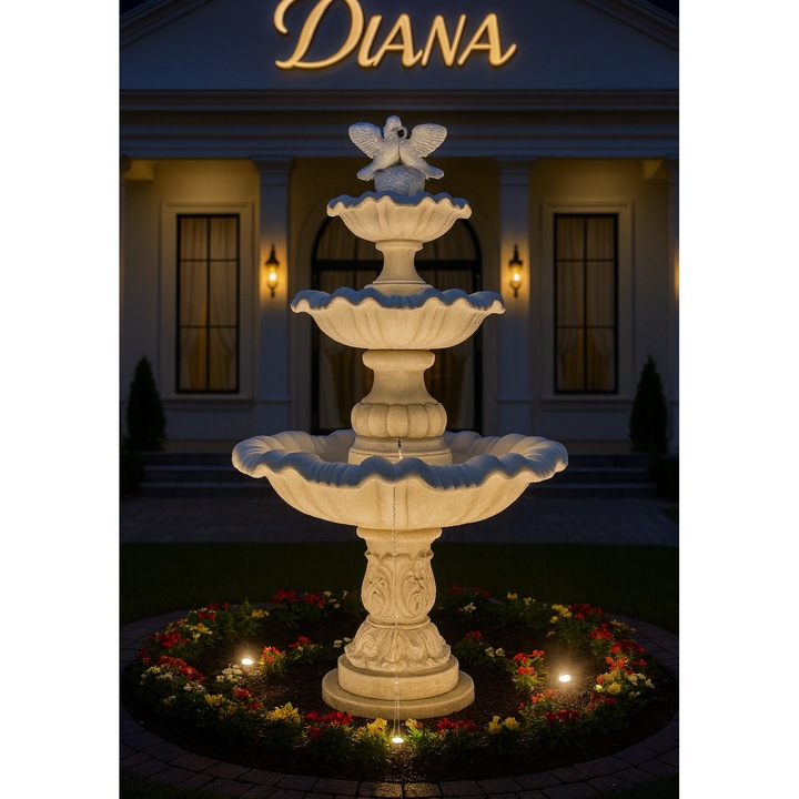 Фонтан с три нива гълъби, за градина / екстериор / тераса / ресторант, Премиум фонтан с предварителна поръчка, от изкуствен камък, бял цвят, 52 x 130 x 205 см (В), включени аксесоари, устойчив на замръзване / UV, система за рециркулация на вода