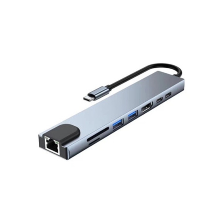 Хъб USB-C 8-в-1, HDMI 4K адаптер, Ethernet RJ45 100 Mbps, сребрист