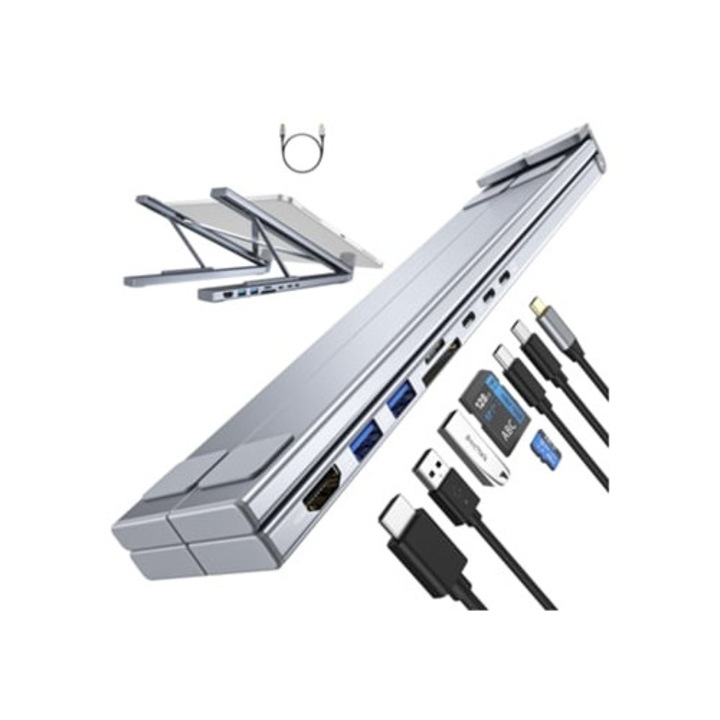 Statie de andocare USB-C, suport laptop ajustabil, 4K HDMI, 8 porturi