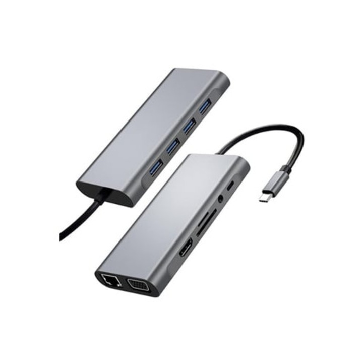 Statie de andocare multifunctionala USB 11-in-1 pentru laptopuri de calatorie, HDMI, VGA, Ethernet 100M