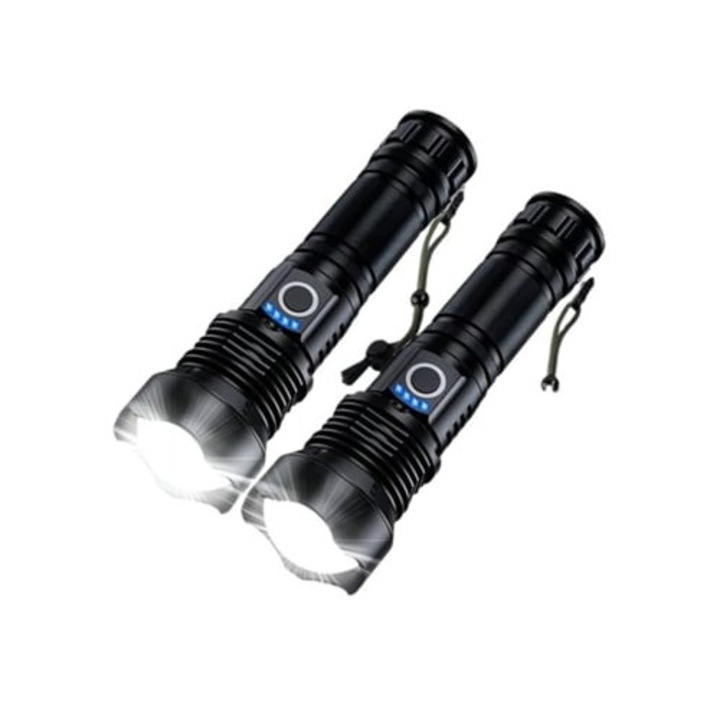 Акумулаторен фенер 90 000 лумена, комплект 2 бр., 5 режима, черен