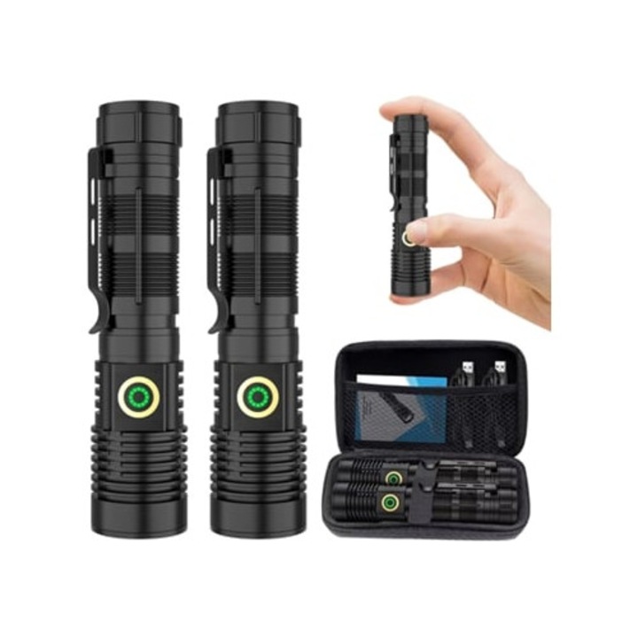 Lanterna reincarcabila cu lumeni mari, set de 2, neagra