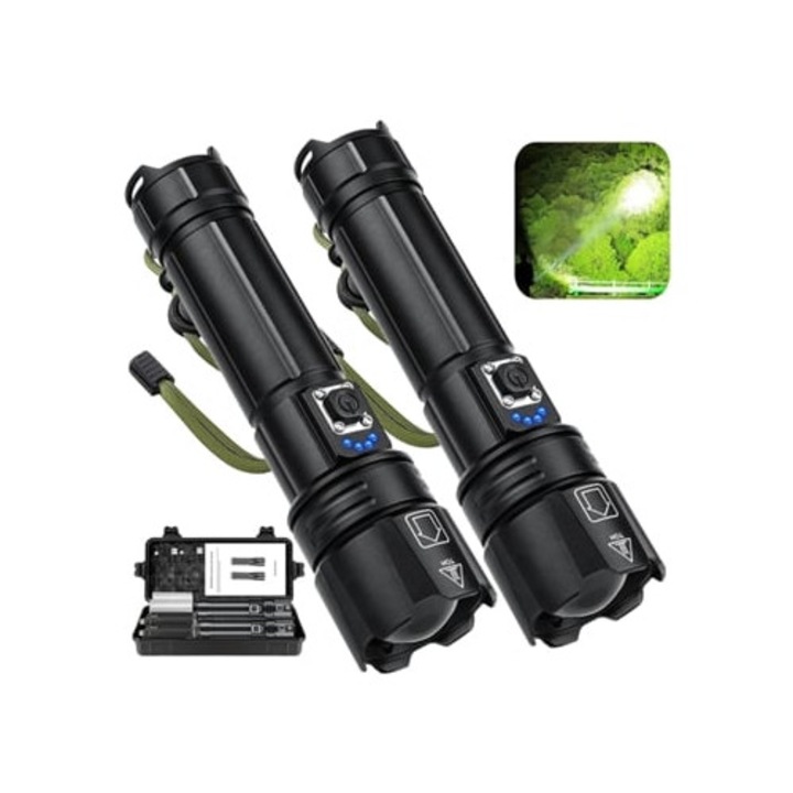 2 db újratölthető, nagy teljesítményű LED lámpa szett, fekete