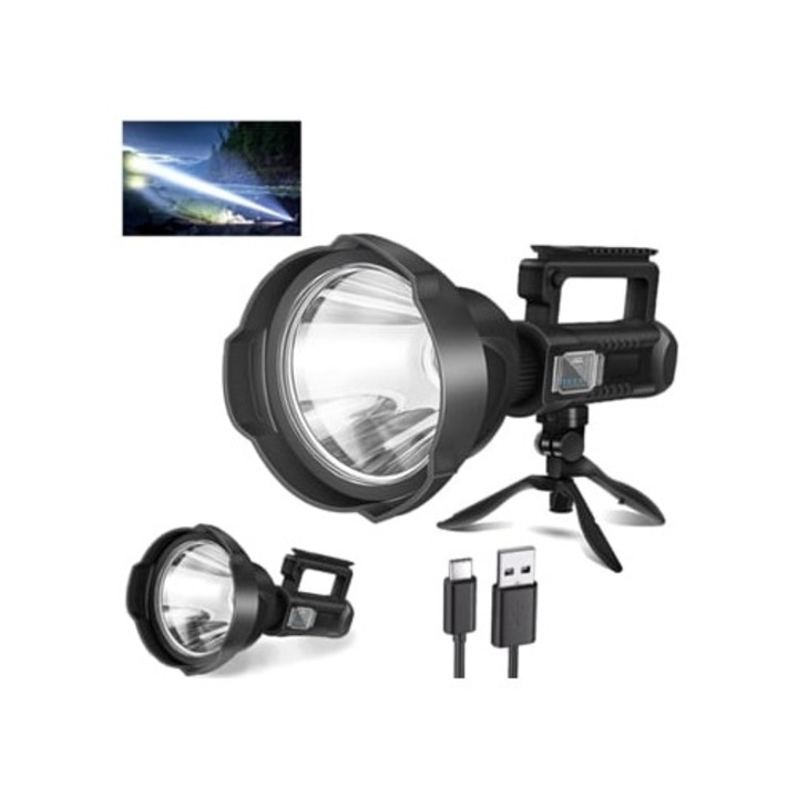 Újratölthető lámpa, LED, nagy teljesítményű, hordozható, fekete