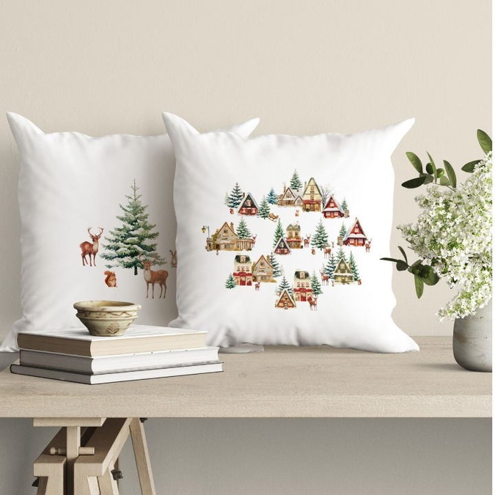 Karácsonyi díszpárnahuzat kunyhókkal és fenyőfákkal, 100% pamut, 45x45 cm, Lenjerii Deosebite, Cabin