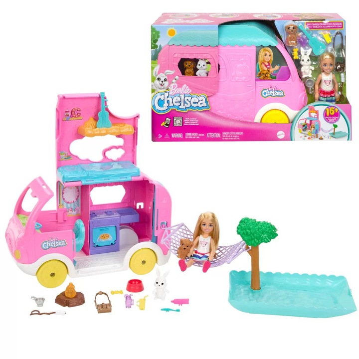 Set camper Barbie Chelsea cu papusa Chelsea si 2 animale, 14 accesorii, multicolor, 3+