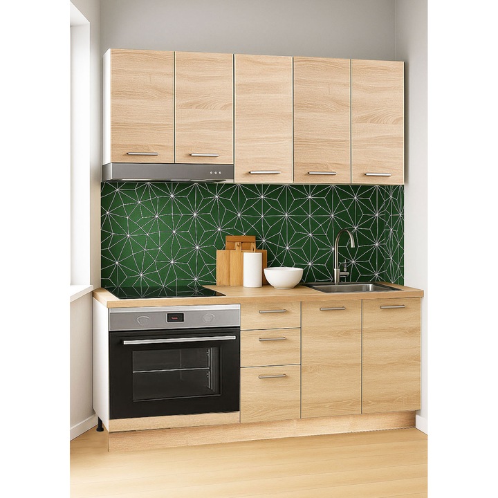 Set mobilier bucatarie cu soft-close, BadenMob Germania, 160cm, corpuri inalte, blat gros, corp cuptor, Sonoma