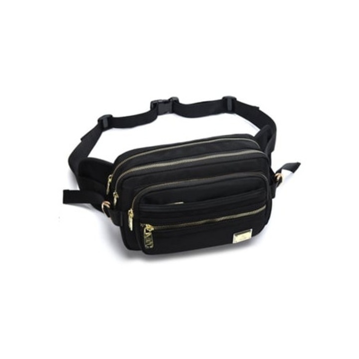 Sporttáska, Fanny Pack, vízálló anyag, állítható vállpánt, fekete