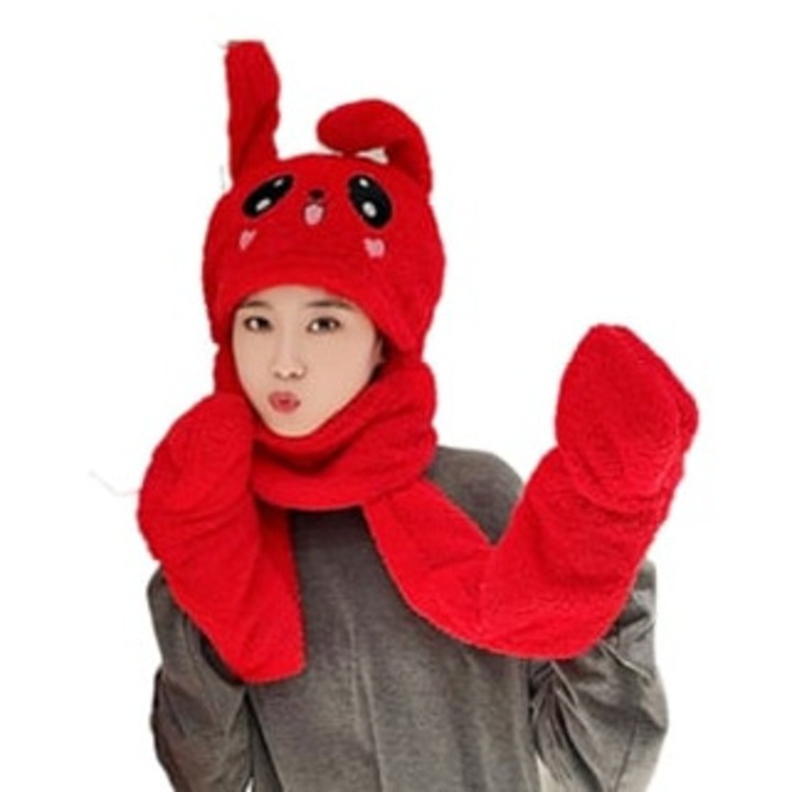 Téli sapka plüss sállal, piros, nőknek