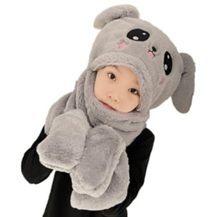 Téli sapka plüss sállal, szürke, női