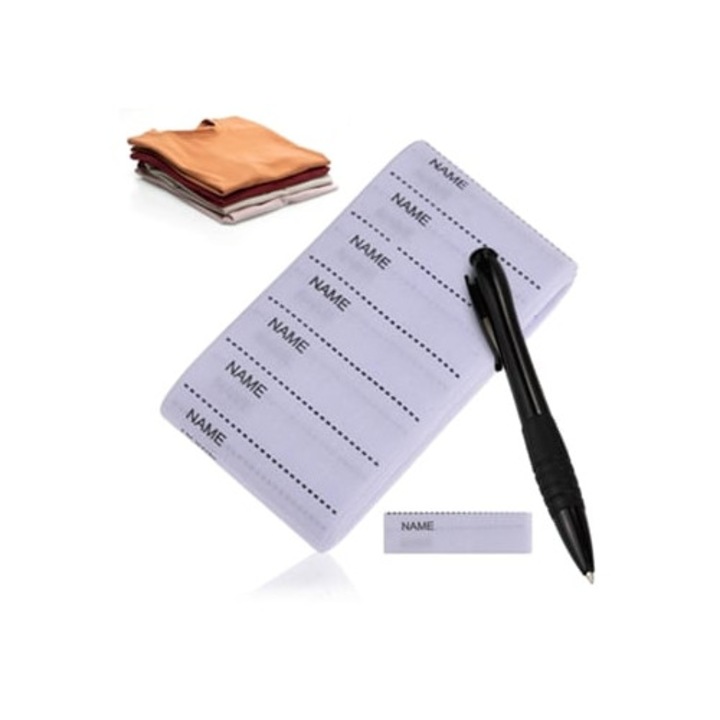 Textil címkék ruházathoz, 200 darabos készlet, hőre ragasztható címkék, mosható címkék tollal iskolai egyenruhákhoz.