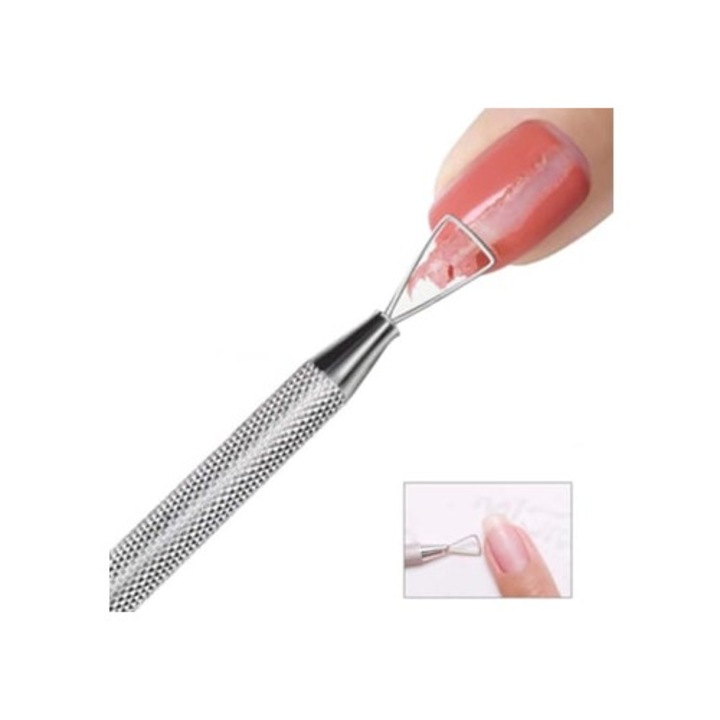 Pusher cuticule, forma triunghiulara, otel inoxidabil, pentru indepartarea gelului si artei unghii