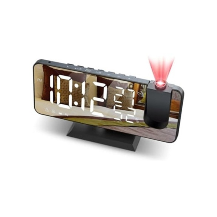 Ceas digital cu proiectie pe tavan, radio, ecran LED, port USB, functie snooze, alarma duala, pentru dormitor si bucatarie