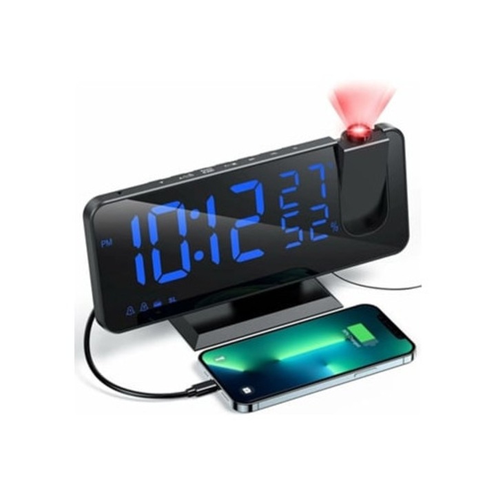 Ceas proiector cu radio, digital, 3 niveluri de luminozitate, 15 niveluri de volum, 12/24h, pentru dormitor, acasa, birou