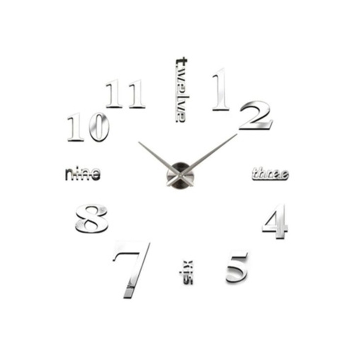 Ceas decorativ 3D, Blue Dream, design modern, miscare silentioasa, argintiu, 120cm