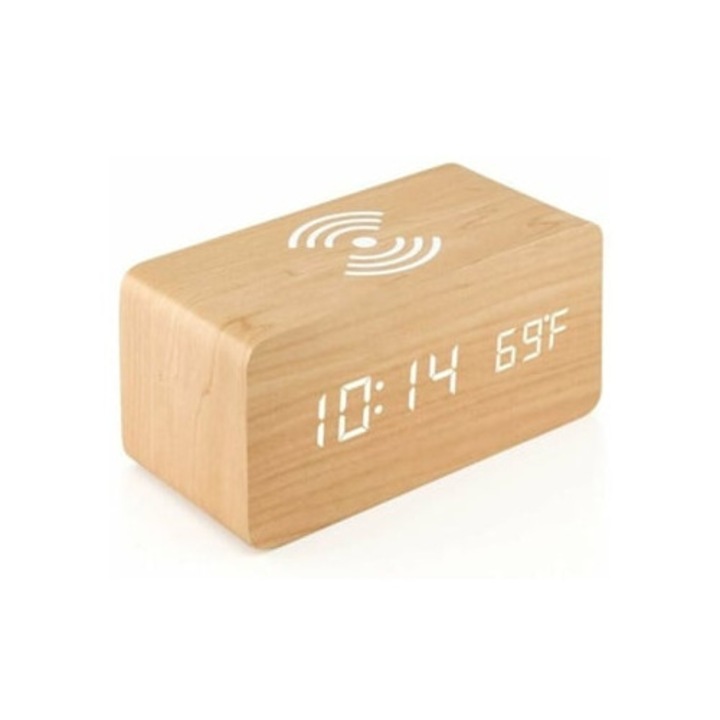 Ceas decorativ digital cu incarcator wireless, display LED, temperatura