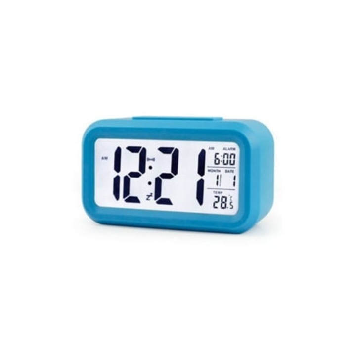 Dekoratív digitális ébresztőóra, háttérvilágítással, csendes, kék