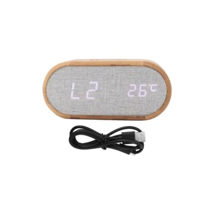 Dekoratív fa óra vezeték nélküli USB töltéssel, LED kijelzővel, hangvezérléssel, multifunkcionális