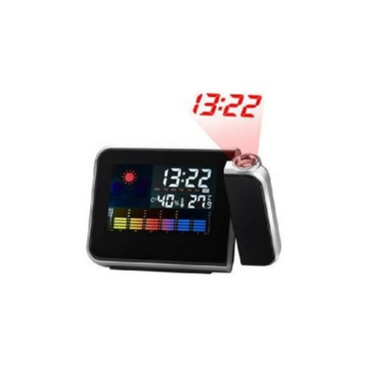 Ceas decorativ multifunctional cu proiectie, alb, previziune meteo digitala, termometru, higrometru, calendar