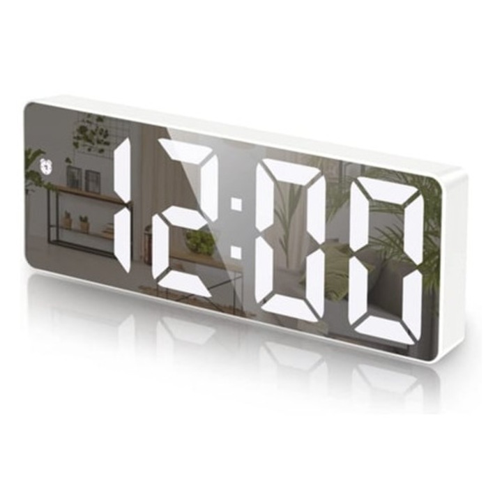 Digitális ébresztőóra, LED-es, hőmérséklet-kijelzővel, hangvezérléssel, 12/24 órás