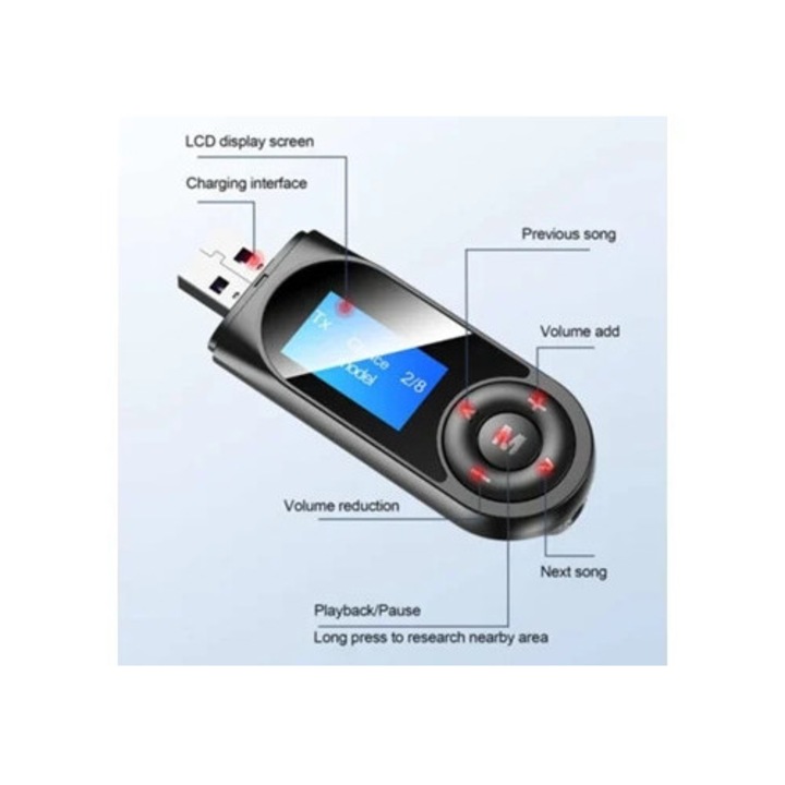 2 az 1-ben Bluetooth 5.0 LCD kijelzős audio adapter, fekete