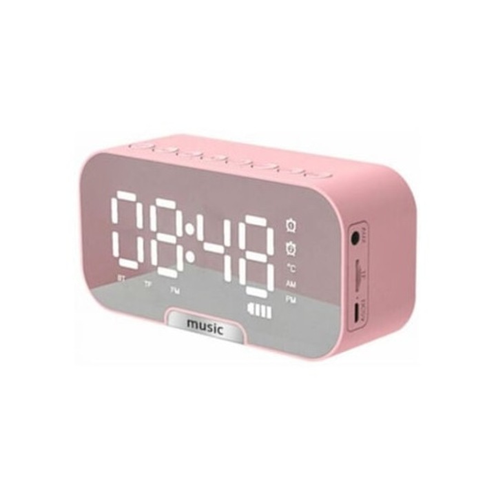 Ceas digital 5 in 1, cu difuzor Bluetooth, radio FM, oglinda, alarma, temperatura, roz