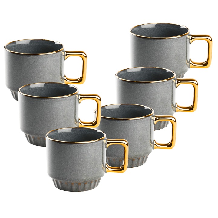 Set 6 cesti ceramice Marina 320 ml cu maner auriu – elegante, durabile si ideale pentru cafea sau ceai