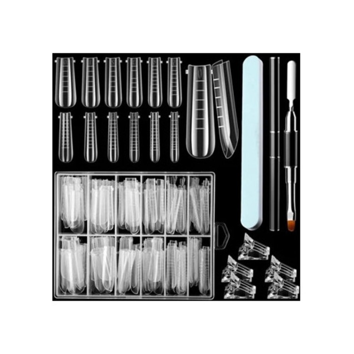 Set profesional pentru manichiura, 5 clipsuri cristal, 120 unghii artificiale U, stilou cu doua capete, smirghel