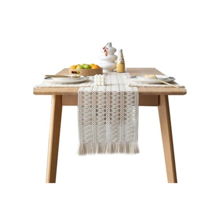 Asztalterítő, Bohó stílusú, rusztikus fonott design rojtokkal, 30x150cm