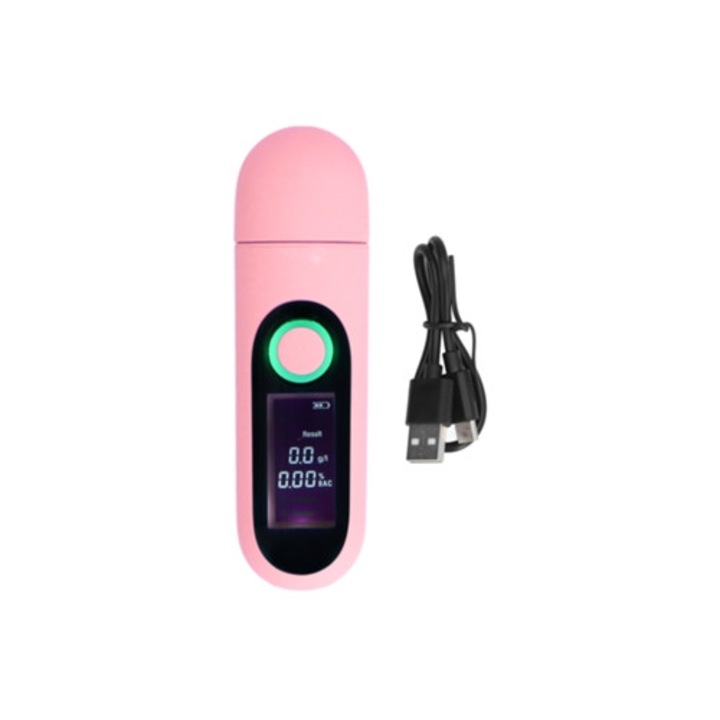 Тестер за алкохол, 3-цветен LCD, USB зареждане, безконтактно тестване, професионален, розов