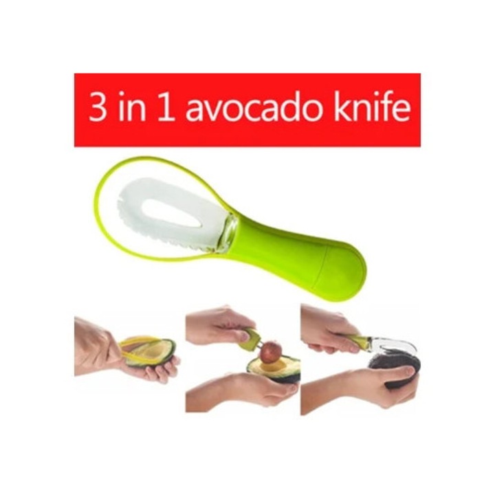 Kézi avokádószeletelő 3 az 1-ben, ergonomikus fogantyúval, hámozóval és magozóval, konyhai eszközök, zöld