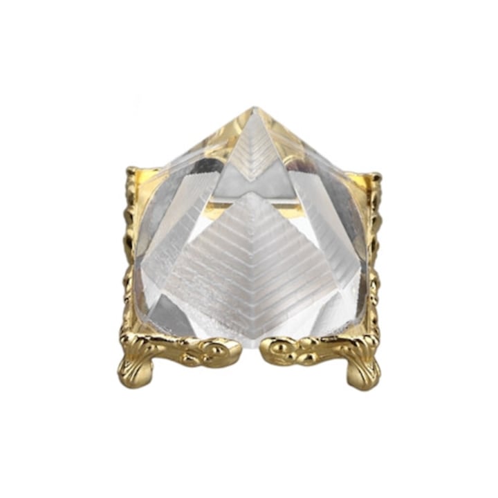 Kristály meditációs piramis, 4 cm-es prizma aranyozott tartóval, művészi dísz otthonra és irodába