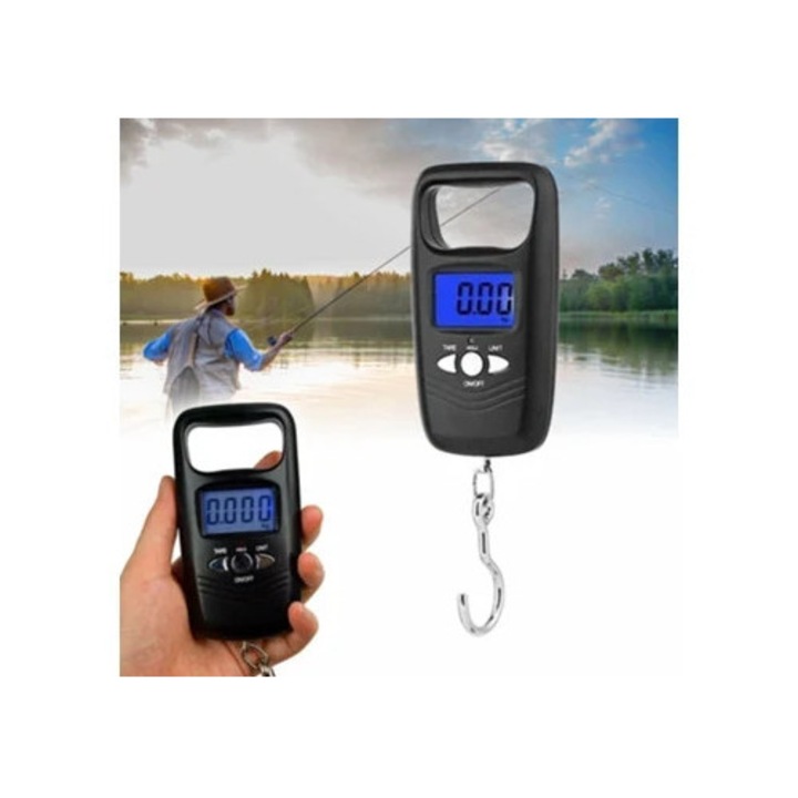 Cantar electronic portabil 50kg, cu carabina, pentru bagaje si activitati in aer liber, negru