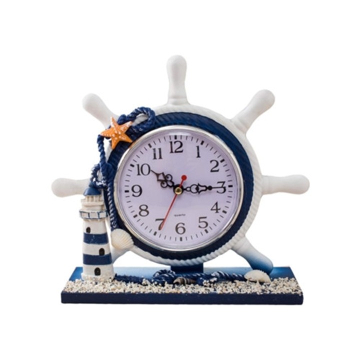 Dekoratív asztali óra, tengeri design, hajókerék, halk, 30x30cm
