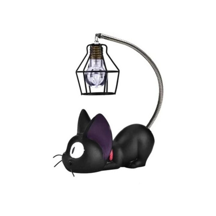 Veioza decorativa cu pisicuta din metal si rasina, dimabila, pentru dormitor, negru