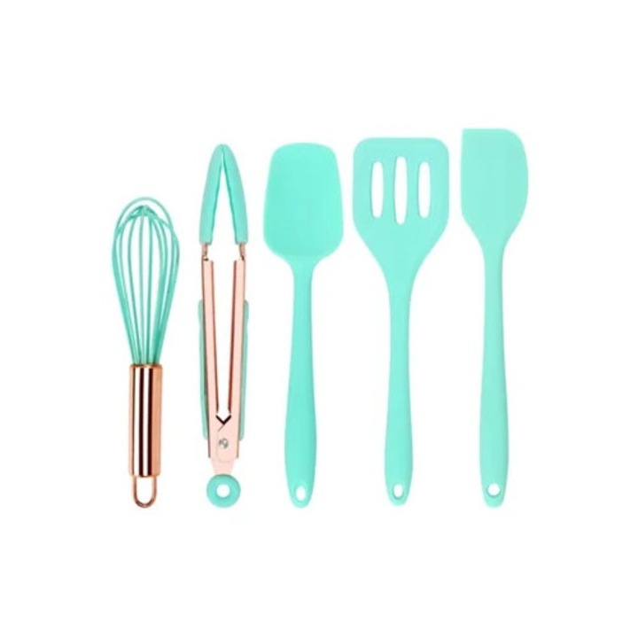 Konyhai eszköz készlet, 5 részes, spatula, habverő, zöld