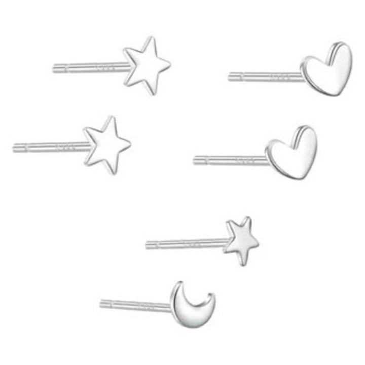 Cercei din argint pentru femei, set cercei stea si luna, mici, simplu, argintiu