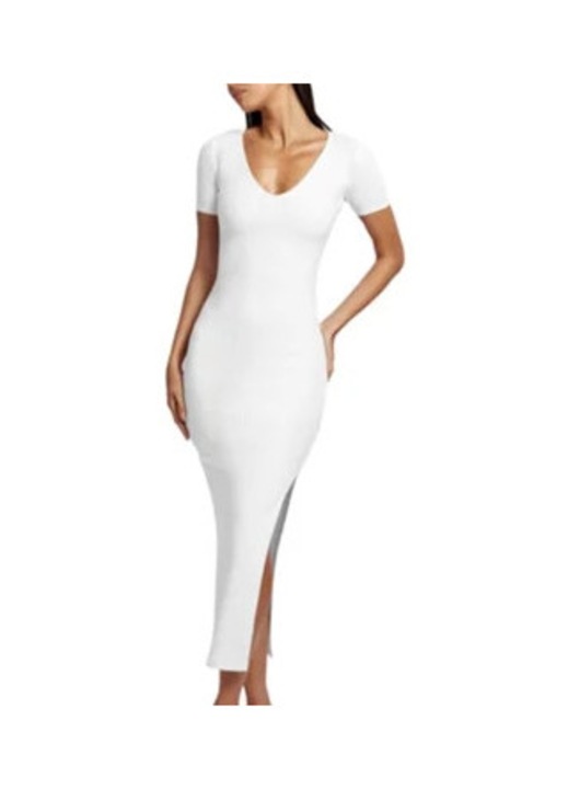 Rochie lunga bodycon alba cu decolteu in V si slit lateral, din spandex, pentru evenimente, XL INTL