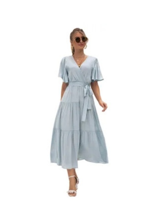 Дълга официална рокля, V-образно деколте, синя, памук, 2XL INTL