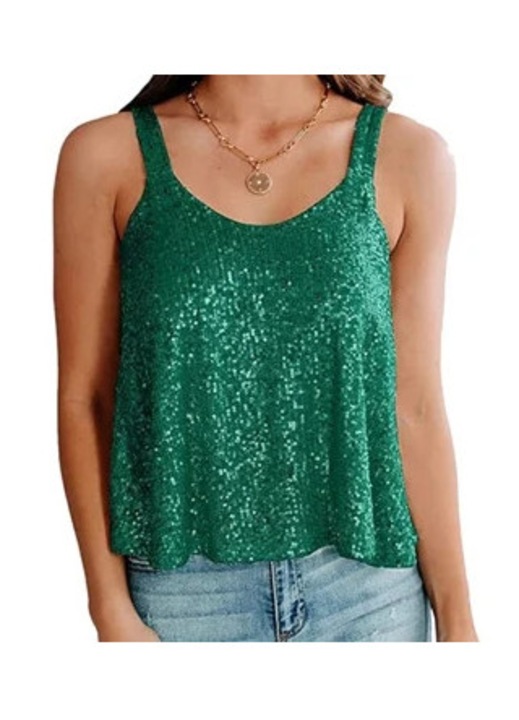 Дамски бански, пайети, тънки презрамки, зелен, полиестер, XL INTL