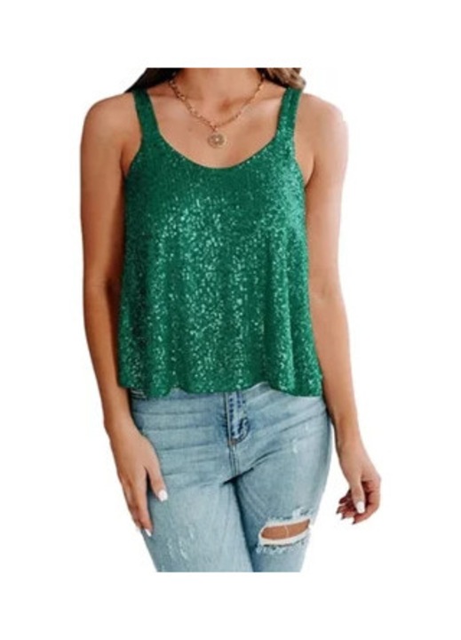 Дамски бански, блестящи пайети, тънки презрамки, зелен, полиестер, L INTL