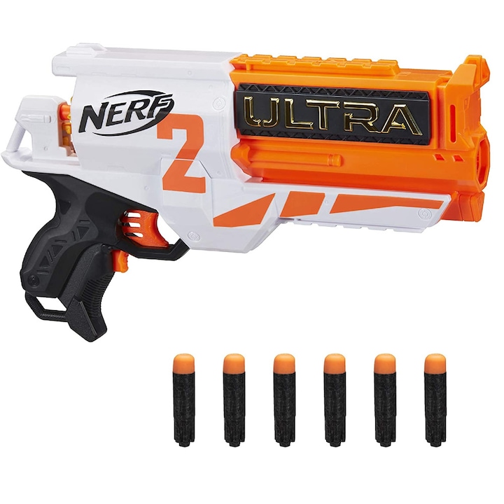 Pistol Nerf Ultra Two, cu 6 sageti, alimentare cu baterii, raza 28m, 8+