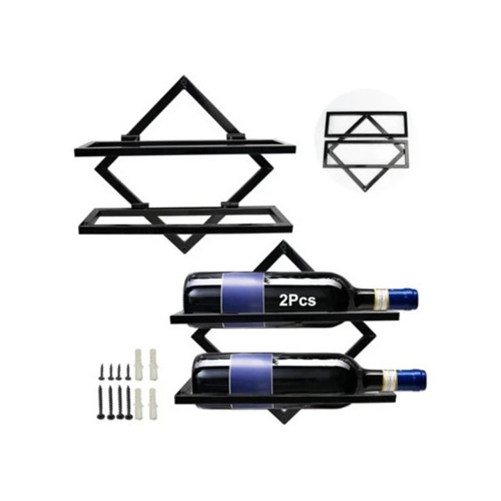 Italtartó, összecsukható fali tartó 2 palackhoz, fekete fém, konyhába, bárba vagy pincébe