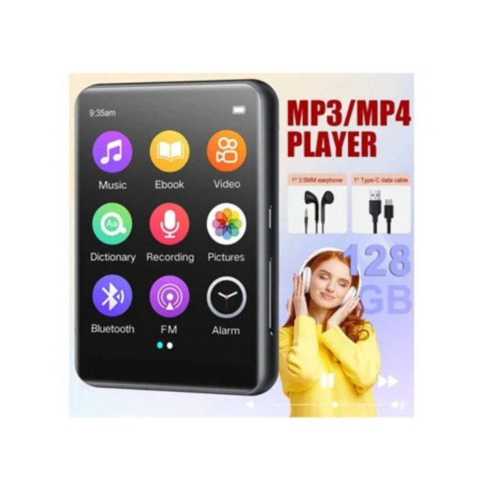 Hordozható zenelejátszó FM rádióval, veszteségmentes Hi-Fi hangzással, 128 GB, fekete